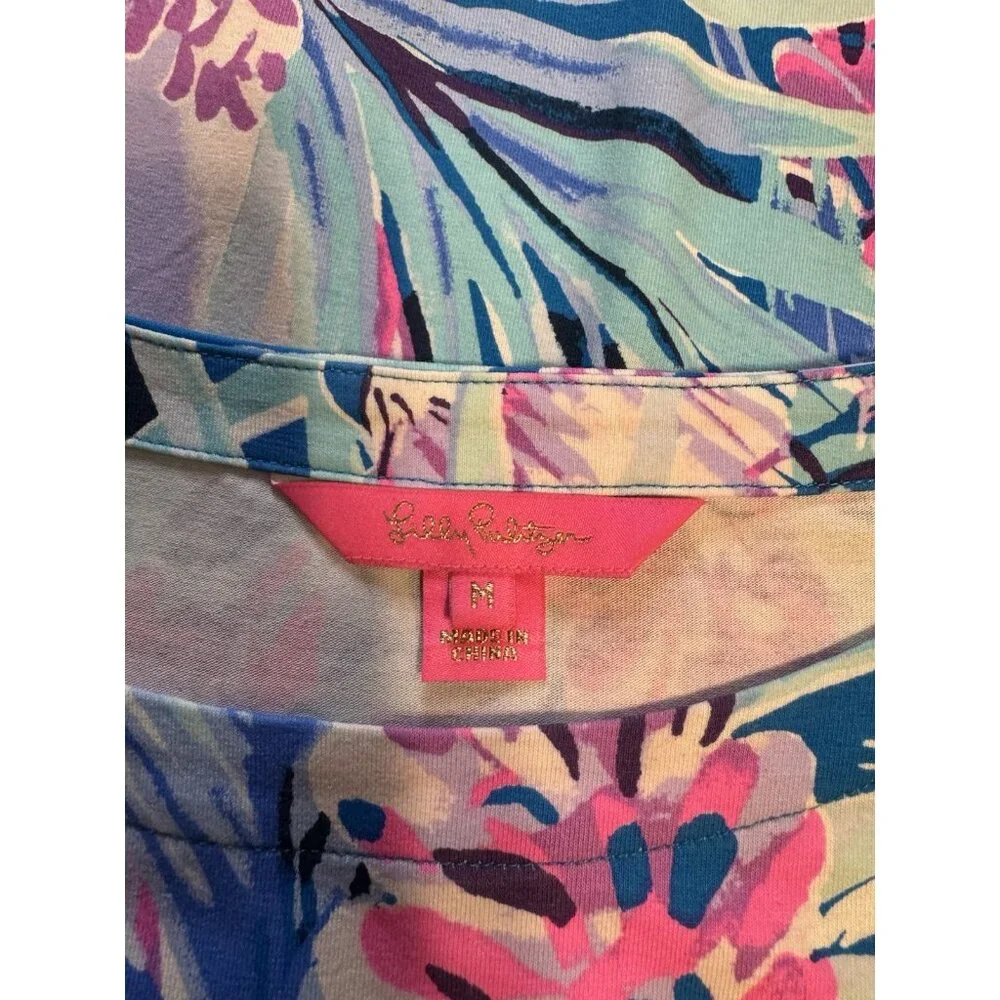 Lilly Pulitzer Dress M Blue Pink White Stretch Shift Short Ruffle Sleeve - Picture 10 of 13